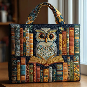 Handgefertigte Stepptasche „Eule und alte Bücher“ – Gefütterte Tragetasche mit Innentasche
