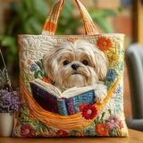 Handgefertigte Stepptasche – Shih Tzu mit Büchern und Blumen