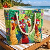Gesteppte Strandtasche – Buntes Huhn – Geschenkidee